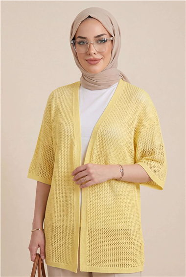 Yarasa Yarım Kol Ajurlu Triko Hırka  -Sarı