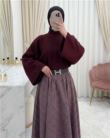 Yarım Boğaz Krop Triko Kazak -Bordo