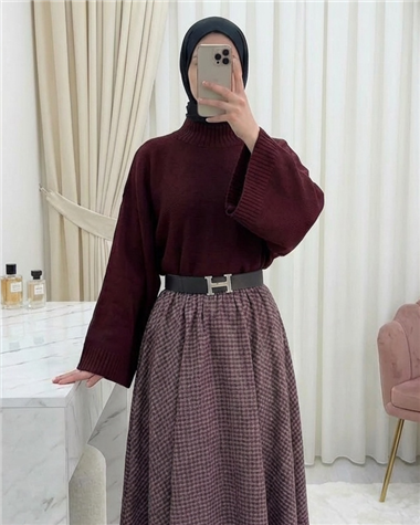 Yarım Boğaz Krop Triko Kazak -Bordo