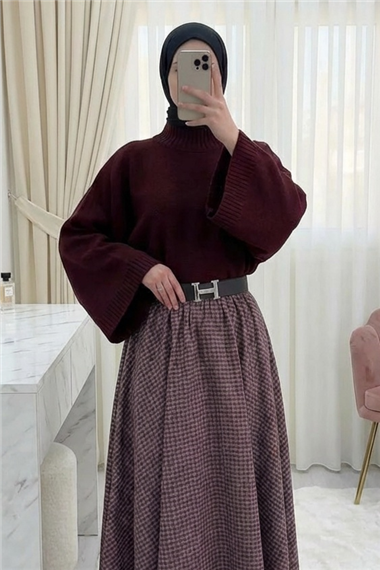 Yarım Boğaz Krop Triko Kazak -Bordo