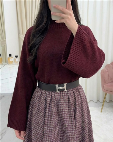 Yarım Boğaz Krop Triko Kazak -Bordo