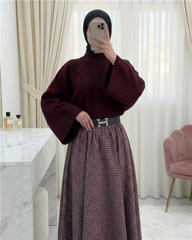 Yarım Boğaz Krop Triko Kazak -Bordo