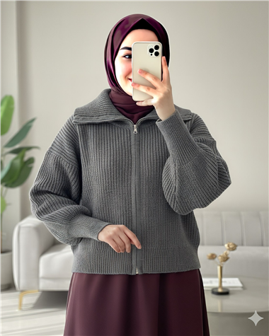 Yarım Boğazlı Fermuarlı Triko Hırka -Füme
