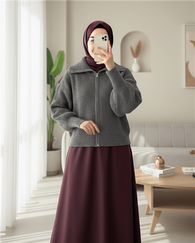 Yarım Boğazlı Fermuarlı Triko Hırka -Füme