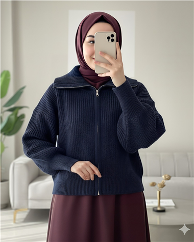 Yarım Boğazlı Fermuarlı Triko Hırka -Laci