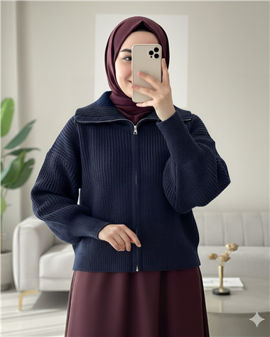 Yarım Boğazlı Fermuarlı Triko Hırka -Laci