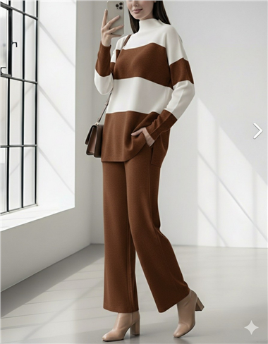 Yarım Boğazlı Triko Takım   -Taba