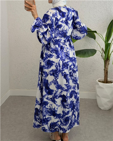 Yarım Düğmeli Beli Bağcıklı Desenli Elbise  -Saks