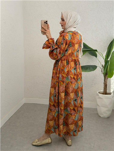 Yarım Düğmeli Beli Bağcıklı Desenli Elbise  -Turuncu