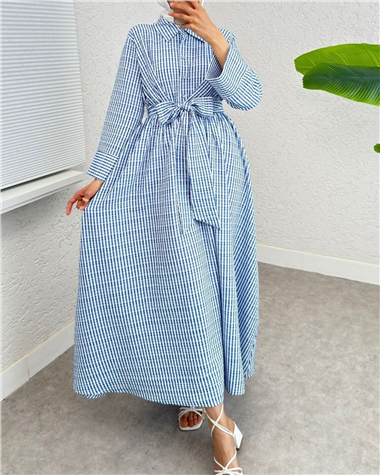 Yarım Düğmeli Beli Bağlamalı Çizgili Elbise -Mavi