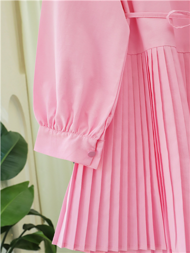 Yarım Düğmeli Beli Bağlamalı Piliseli Gömlek  -Pembe