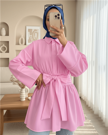 Yarım Düğmeli Beli Bağlamalı Yanı Fermuarlı Tunik  -Pembe