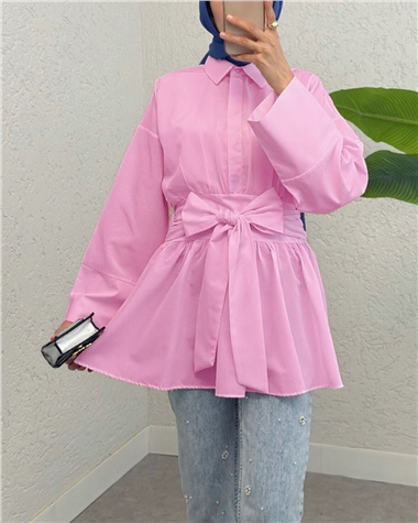 Yarım Düğmeli Beli Bağlamalı Yanı Fermuarlı Tunik  -Pembe
