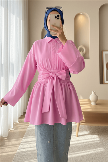 Yarım Düğmeli Beli Bağlamalı Yanı Fermuarlı Tunik  -Pembe