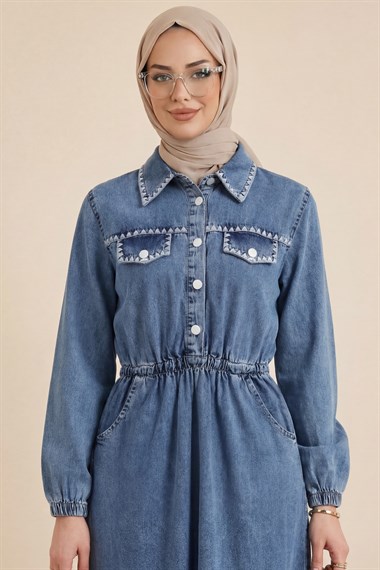 Yarım Düğmeli Beli Lastikli Cepli Nakışlı Kot Elbise -Buz Mavi