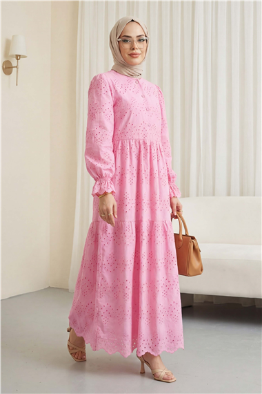 Yarım Düğmeli Dantel Detaylı Robadan Elbise -Pembe