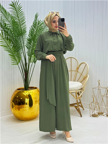 Yarım Düğmeli Kemerli Beli Lastikli Tulum -Haki