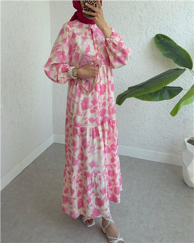 Yarım Düğmeli Kolu Lastikli Desenli Elbise -Pembe
