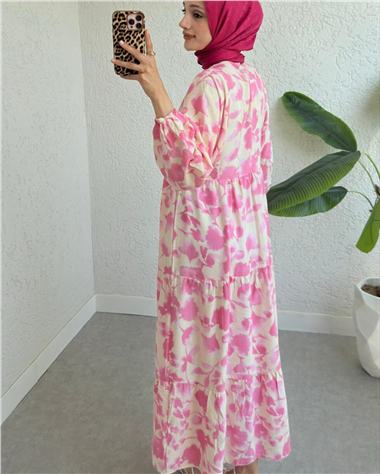 Yarım Düğmeli Kolu Lastikli Desenli Elbise -Pembe
