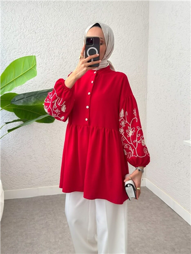 Yarım Düğmeli Kolu Lastikli Nakışlı Parçalı Tunik -Kırmızı