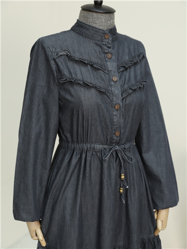 Yarım Düğmeli Önü Fırfırlı Parçalı Kot Elbise   -Antrasit