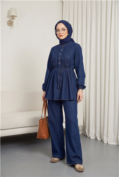 Yarım Düğmeli Önü Pliseli Beli Bağlamalı Pantolonlu Kot Takım   -Laci