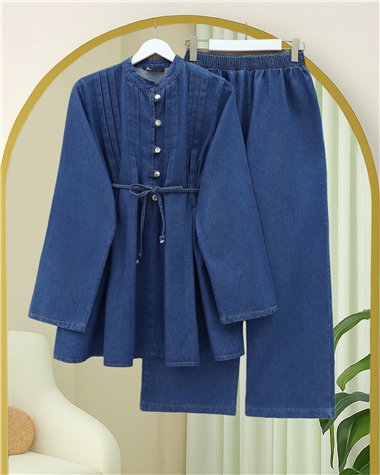 Yarım Düğmeli Önü Pliseli Beli Bağlamalı Pantolonlu Kot Takım  -İndigo