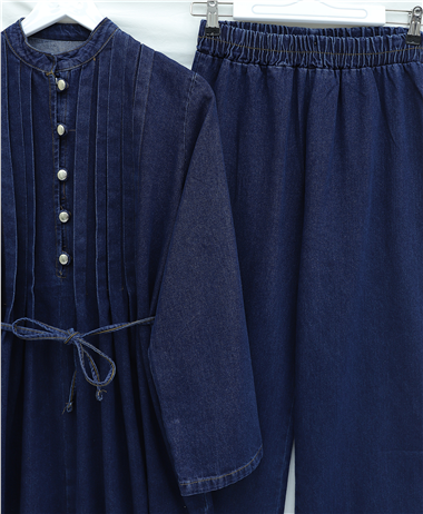 Yarım Düğmeli Önü Pliseli Beli Bağlamalı Pantolonlu Kot Takım   -Laci