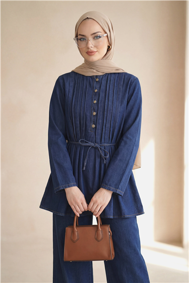 Yarım Düğmeli Önü Pliseli Beli Bağlamalı Pantolonlu Kot Takım   -Laci