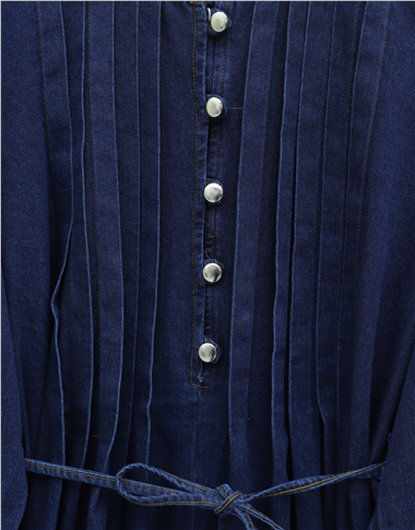 Yarım Düğmeli Önü Pliseli Beli Bağlamalı Pantolonlu Kot Takım   -Laci