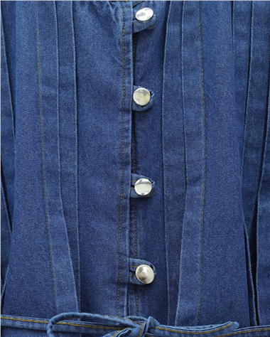 Yarım Düğmeli Önü Pliseli Beli Bağlamalı Pantolonlu Kot Takım  -İndigo