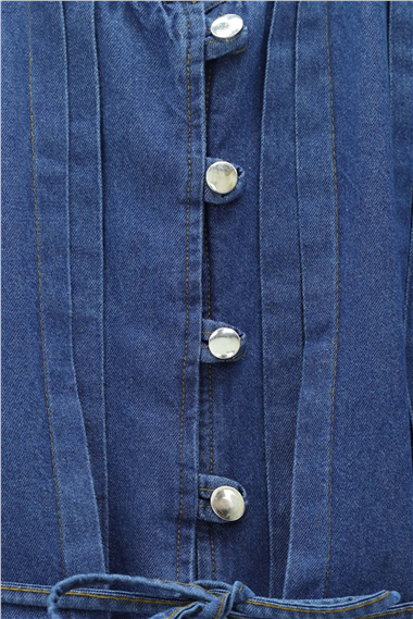 Yarım Düğmeli Önü Pliseli Beli Bağlamalı Pantolonlu Kot Takım  -İndigo