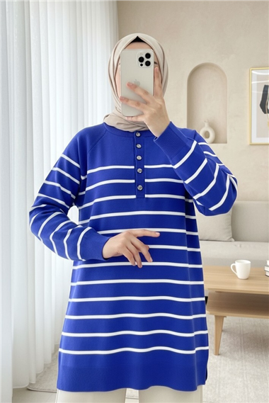 Yarım Düğmeli Yırtmaçlı Triko Tunik -Saks
