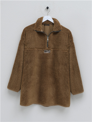 Yarım Fermuarlı Armalı Peluş Sweat -Kahve