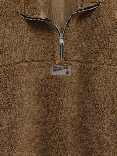 Yarım Fermuarlı Armalı Peluş Sweat -Kahve