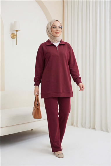 Yarım Fermuarlı Boğazlı Penye Takım -Bordo