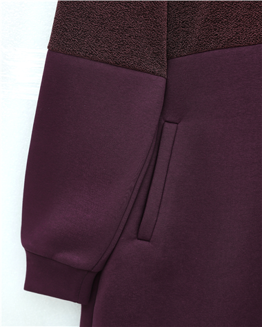 Yarım Fermuarlı Sim Detaylı Kapşonlu Üç İplik Takım  -Mürdüm