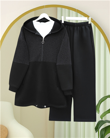 Yarım Fermuarlı Sim Detaylı Kapşonlu Üç İplik Takım  -Siyah