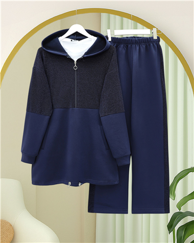 Yarım Fermuarlı Sim Detaylı Kapşonlu Üç İplik Takım  -Laci