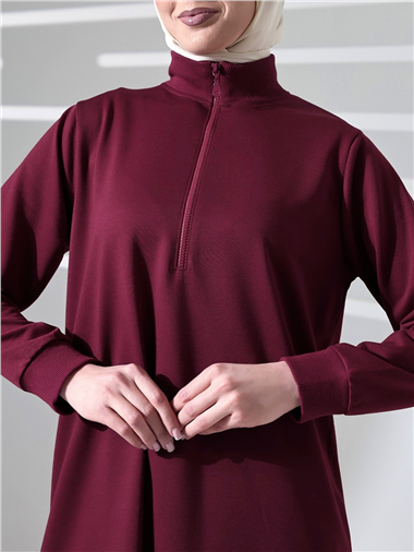 Yarım Fermuarlı Yırtmaçlı Uzun Tunik -Bordo
