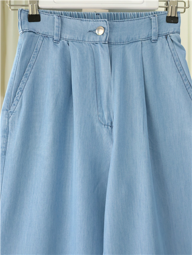 Yarım Lastikli Çift Cepli Bol Paça Kot Pantolon -Açık Mavi