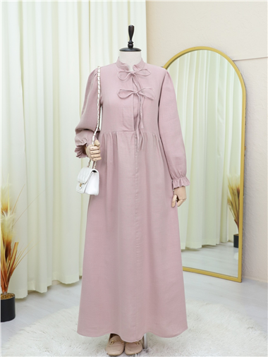 Yarım Patlı Bağcıklı Kolu Lastikli Müslin Elbise -Pudra