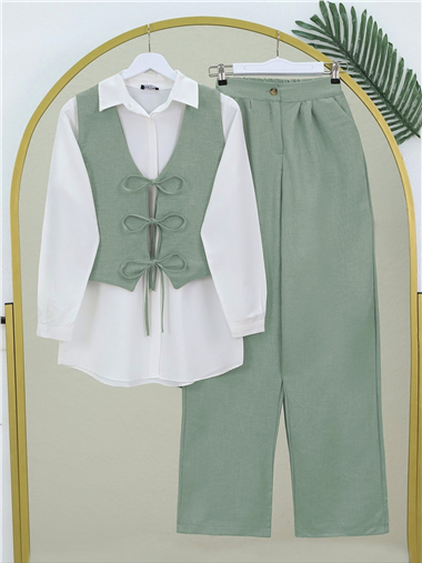 Yeleği Bağcıklı Bol Paça Pantolonlu İkili Keten Takım -Mint