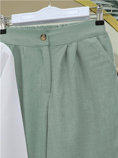 Yeleği Bağcıklı Bol Paça Pantolonlu İkili Keten Takım -Mint