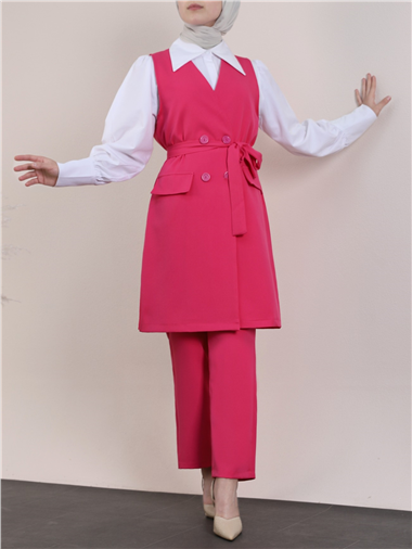 Yelekli Pantalon Takım -Pembe