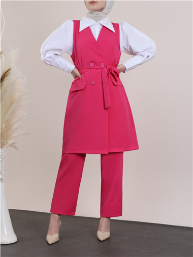 Yelekli Pantalon Takım -Pembe