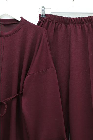 Yırtmaçlı Beli Bağcıklı Kolu Katlamalı Pantolonlu Oyşo Takım -Bordo