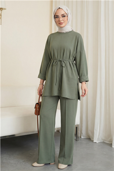 Yırtmaçlı Beli Bağcıklı Kolu Katlamalı Pantolonlu Oyşo Takım  -Haki