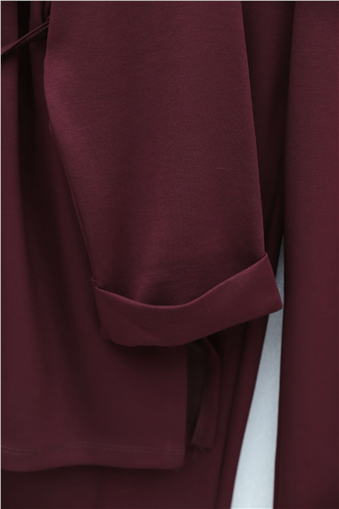 Yırtmaçlı Beli Bağcıklı Kolu Katlamalı Pantolonlu Oyşo Takım -Bordo