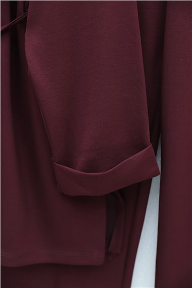 Yırtmaçlı Beli Bağcıklı Kolu Katlamalı Pantolonlu Oyşo Takım -Bordo